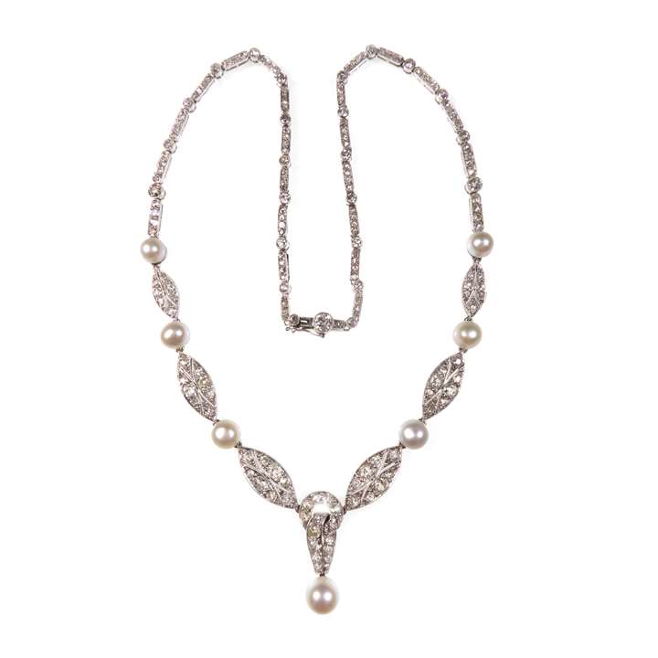 Diamond and pearl graduated pendant-necklace